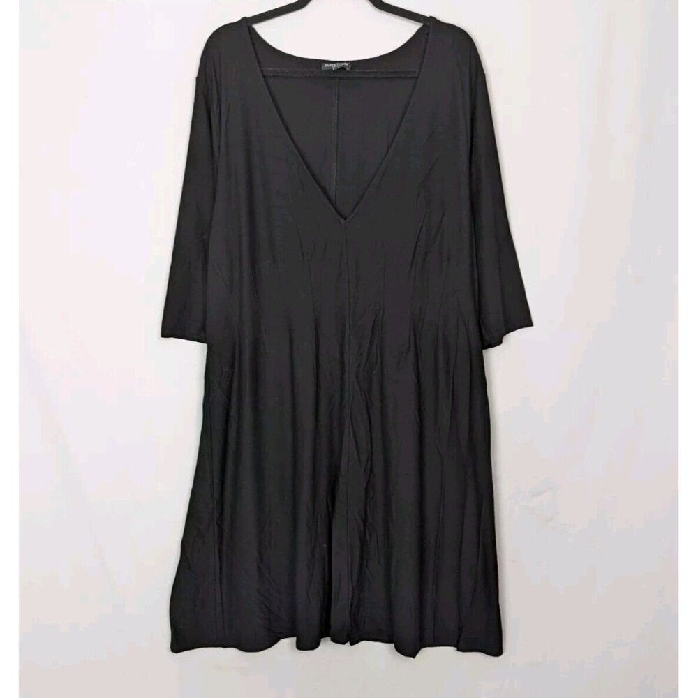 EILEEN FISHER 2X Black Stretch Knit Shift Dress V Neck 3/4 Sleeves Knee Length